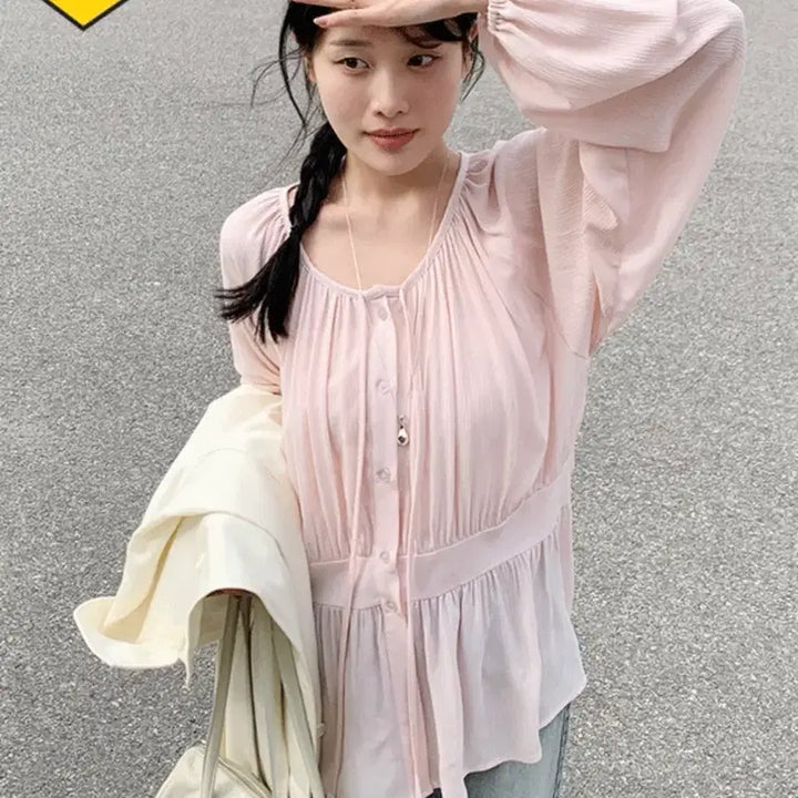 [BUNJANG] 66Girls Pink Ribbon Blouse Oversized Shirt / 정가2.5)육육걸즈 블라우스 핑크 리본 셔츠 오버핏 빅사이즈