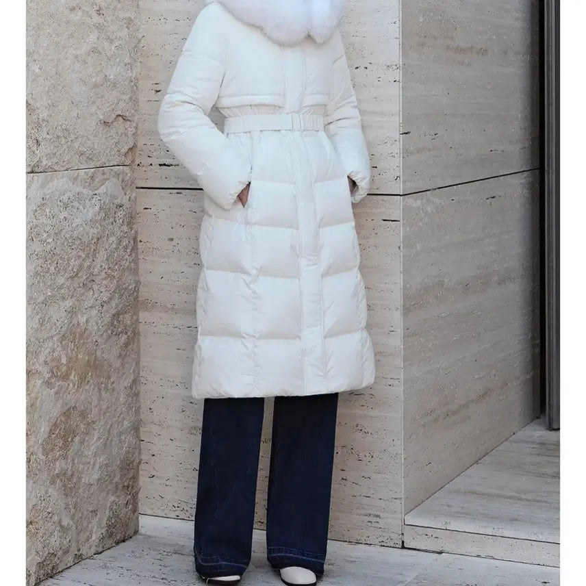 [BUNJANG] It MICHAA Long Padded Hooded Jacket (Cream, Size 55) / 잇미샤 퍼 후드 롱 패딩(크림 색상, 55 사이즈)