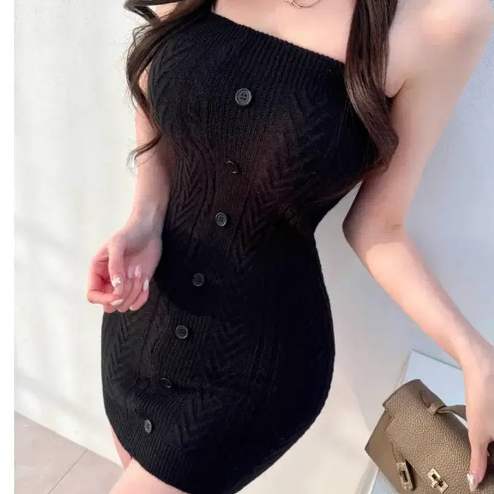 [BUNJANG] Button Detail Knit Tube Mini Dress / 원가3[새상품]단추 니트 튜브 미니원피스 홀복 수입의류 페스티벌룩