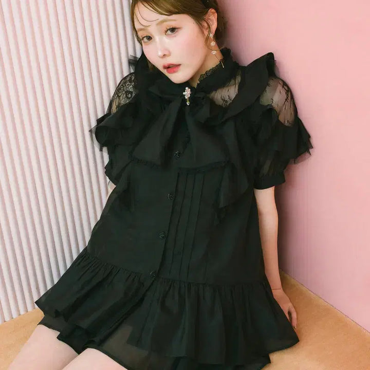 [BUNJANG] ROJITA Sheer Tunic Short Sleeve Blouse / 로지타 ROJITA 시어 튜닉 반팔 블라우스