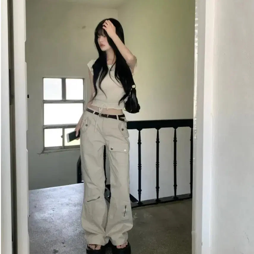 [BUNJANG] Low West Y2K Beige Cargo Pants / 로우웨스트 카고 바지 Y2K