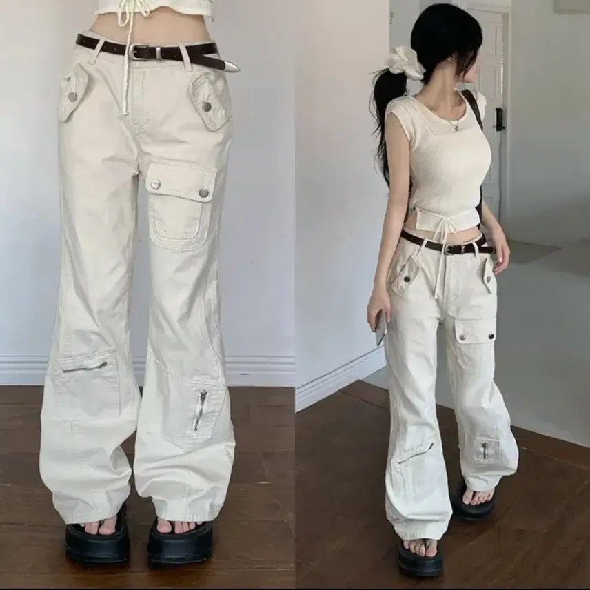 [BUNJANG] Low West Y2K Beige Cargo Pants / 로우웨스트 카고 바지 Y2K