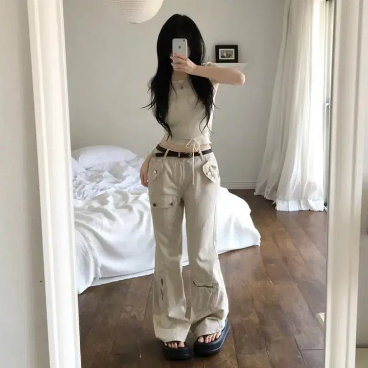 [BUNJANG] Low West Y2K Beige Cargo Pants / 로우웨스트 카고 바지 Y2K