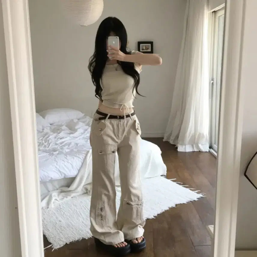 [BUNJANG] Low West Y2K Beige Cargo Pants / 로우웨스트 카고 바지 Y2K