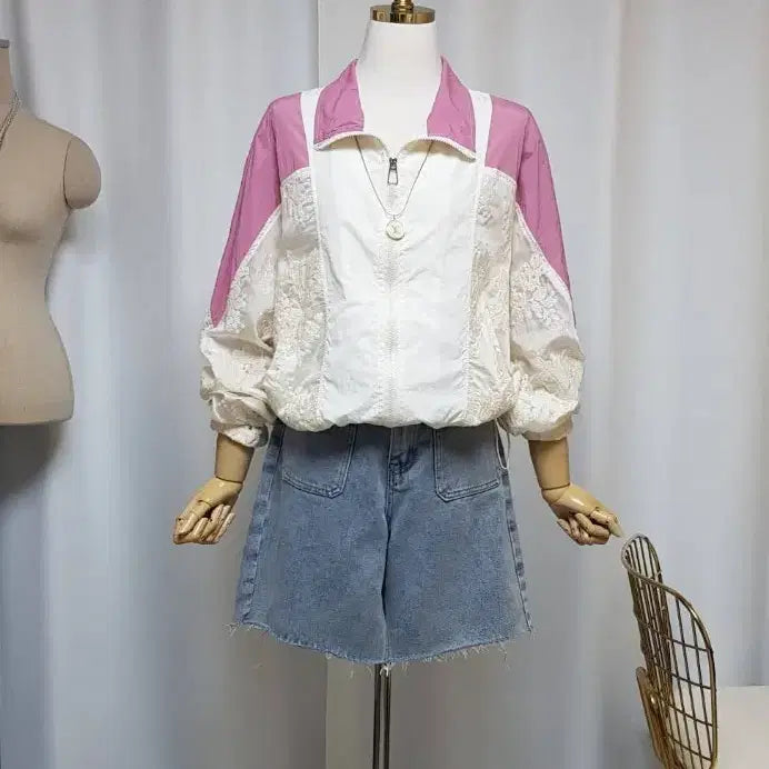 [SOLD OUT] (핑크)레이스배색 바스락점퍼 새상품(77까지)