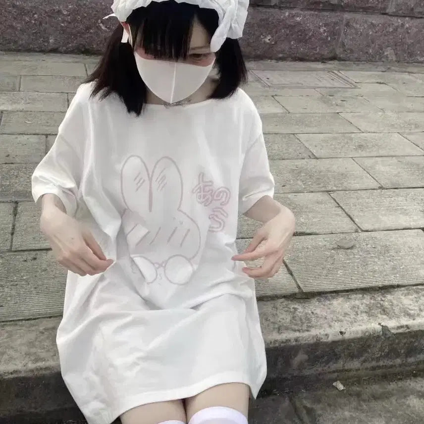 [BUNJANG] Softgirl Subculture Rabbit Print Oversized Short Sleeve T-Shirt / 소프트걸 서브컬처 토끼 프린트 오버사이즈 반팔 티셔츠