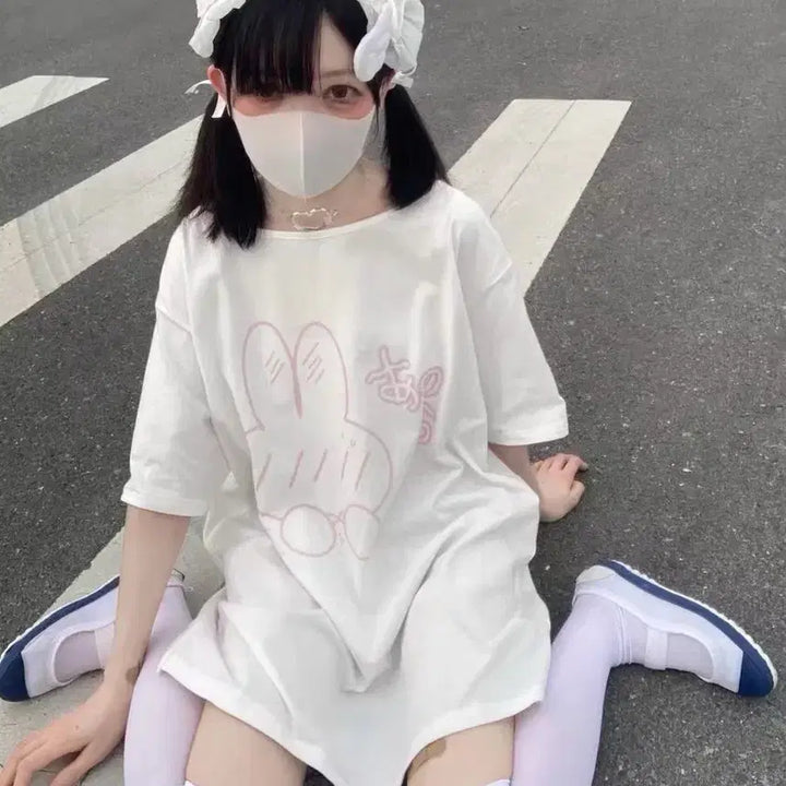 [BUNJANG] Softgirl Subculture Rabbit Print Oversized Short Sleeve T-Shirt / 소프트걸 서브컬처 토끼 프린트 오버사이즈 반팔 티셔츠