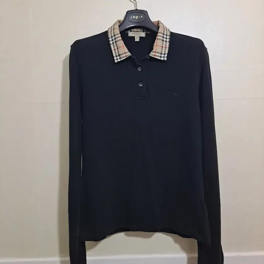 [BUNJANG] Burberry Black Collar Check Long Sleeve Polo Shirt L / 버버리 블랙 카라체크 긴팔 폴로티셔츠 L사이즈