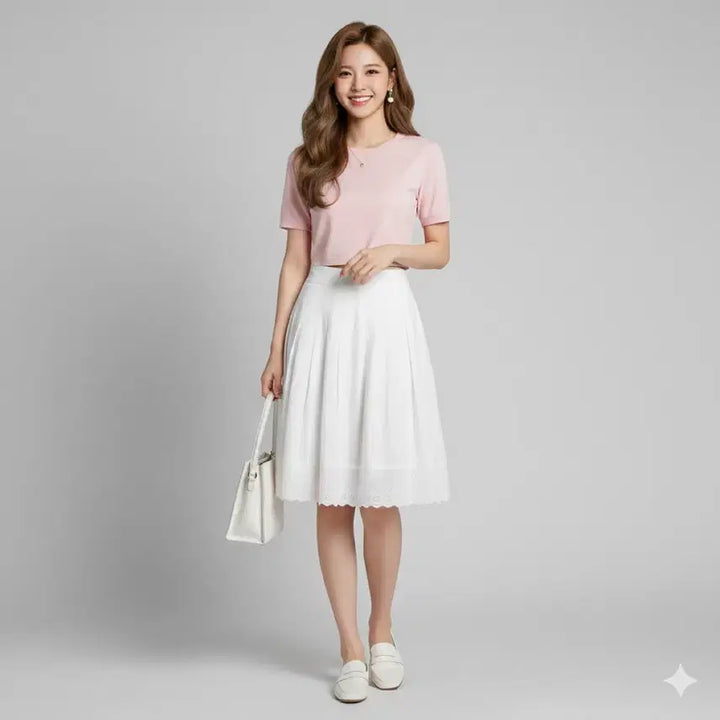 [BUNJANG] YesB Punching Embroidery Pintuck Skirt White / 나산실업 예스비 펀칭 자수 핀턱 스커트 화이트 55