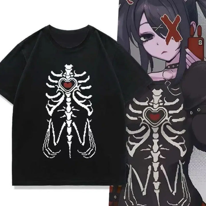 [BUNJANG] Gothic Punk Skull Heart T-Shirt (2 Colors) / 지뢰계 해골 하트 고딕 펑크 티셔츠(2컬러)