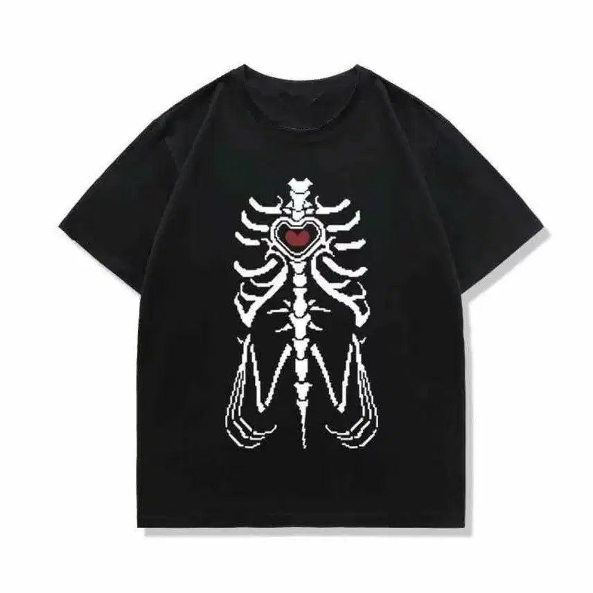 [BUNJANG] Gothic Punk Skull Heart T-Shirt (2 Colors) / 지뢰계 해골 하트 고딕 펑크 티셔츠(2컬러)
