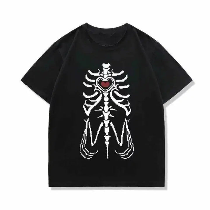[BUNJANG] Gothic Punk Skull Heart T-Shirt (2 Colors) / 지뢰계 해골 하트 고딕 펑크 티셔츠(2컬러)
