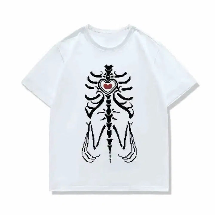 [BUNJANG] Gothic Punk Skull Heart T-Shirt (2 Colors) / 지뢰계 해골 하트 고딕 펑크 티셔츠(2컬러)