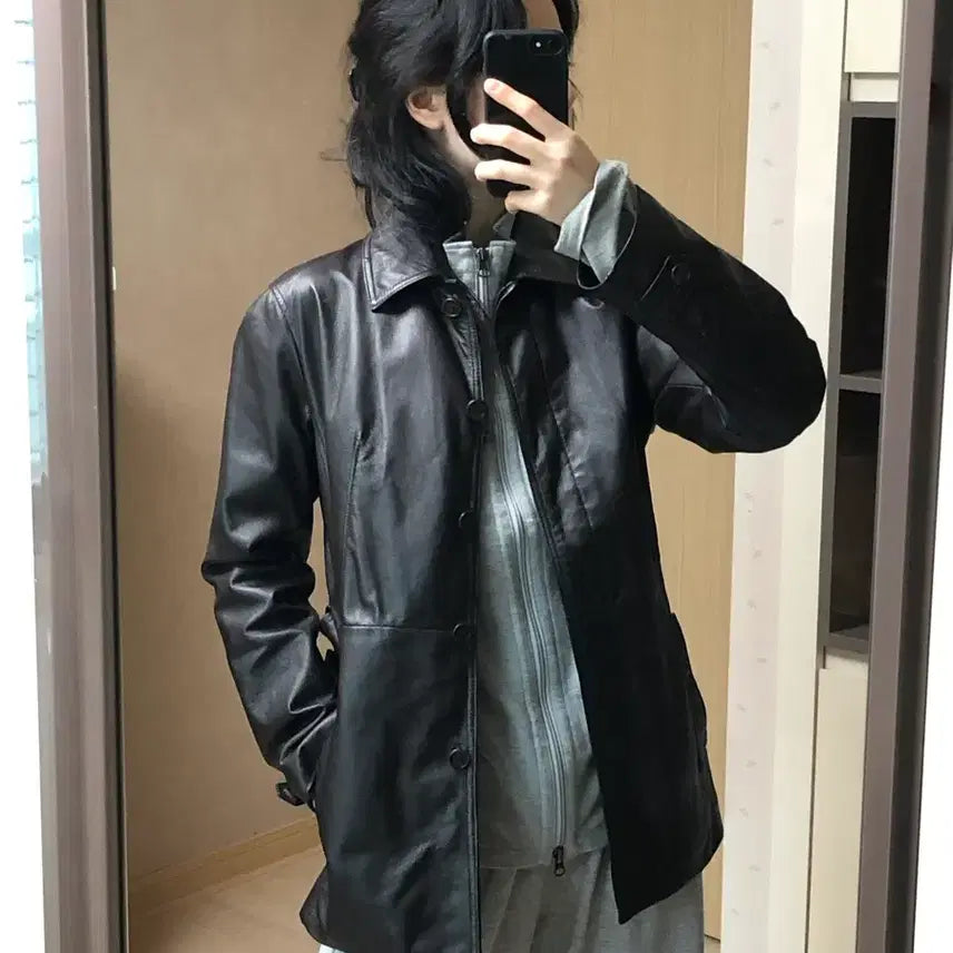 [BUNJANG] L Comme Ca Hidden Button Pigskin Leather Jacket with Belt - Vintage / L co mme ca ism 히든버튼 돼지가죽 자켓 벨트포함 일본빈티지