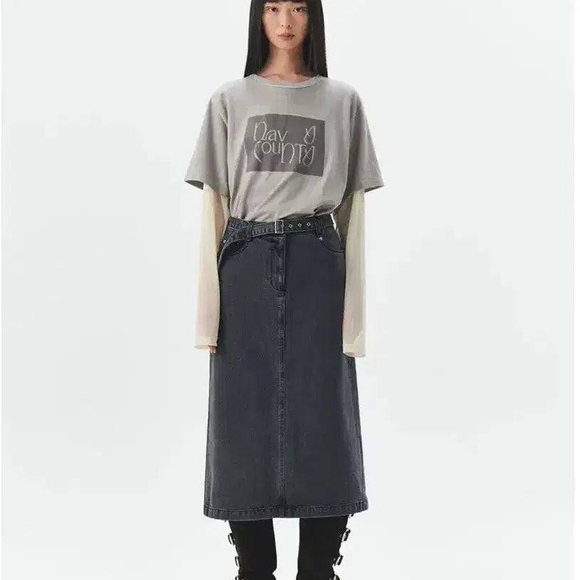[BUNJANG] Navy County Vintage Wash H-Line Denim Midi Skirt / 오어 네이비카운티 빈티지 워싱 H라인 벨트 미디 데님 스커트 그레이