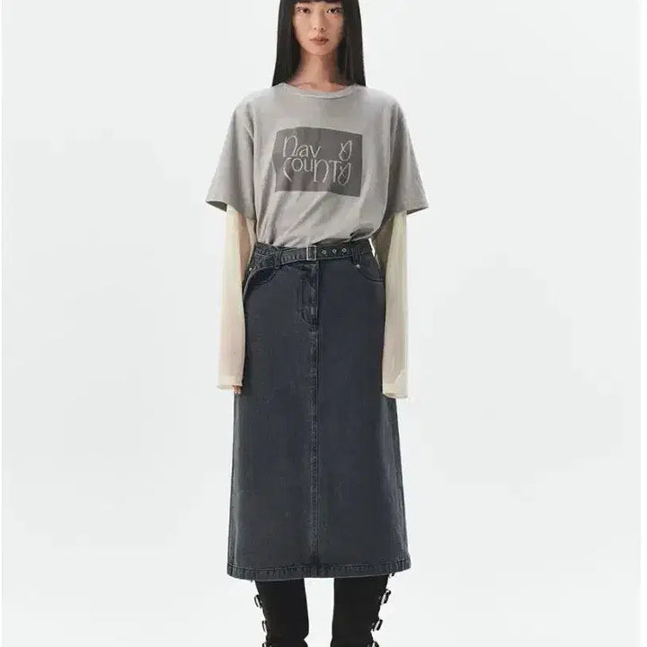 [BUNJANG] Navy County Vintage Wash H-Line Denim Midi Skirt / 오어 네이비카운티 빈티지 워싱 H라인 벨트 미디 데님 스커트 그레이