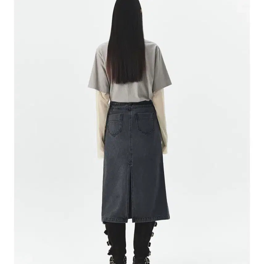 [BUNJANG] Navy County Vintage Wash H-Line Denim Midi Skirt / 오어 네이비카운티 빈티지 워싱 H라인 벨트 미디 데님 스커트 그레이