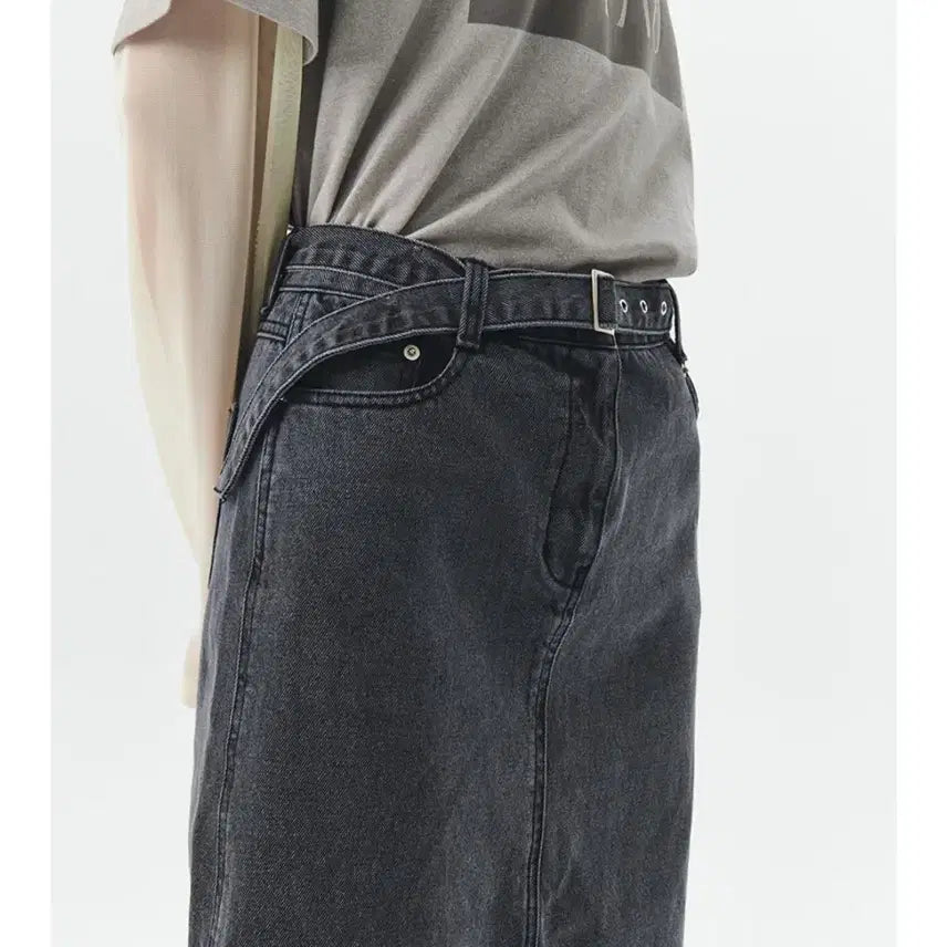 [BUNJANG] Navy County Vintage Wash H-Line Denim Midi Skirt / 오어 네이비카운티 빈티지 워싱 H라인 벨트 미디 데님 스커트 그레이