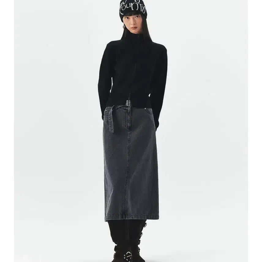 [BUNJANG] Navy County Vintage Wash H-Line Denim Midi Skirt / 오어 네이비카운티 빈티지 워싱 H라인 벨트 미디 데님 스커트 그레이