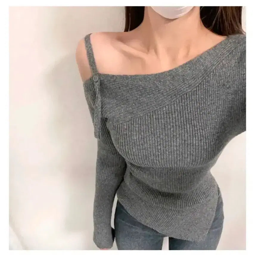 [BUNJANG] Unpal Off-Shoulder Ribbed Long Sleeve Knit Sweater / 언팔 어깨끈 오프숄더 골지 긴팔 니트 그레이