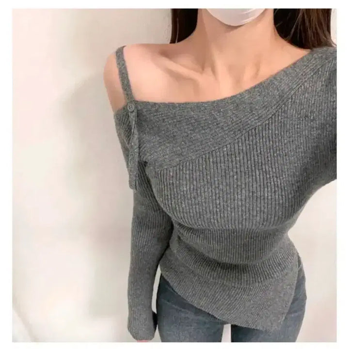 [BUNJANG] Unpal Off-Shoulder Ribbed Long Sleeve Knit Sweater / 언팔 어깨끈 오프숄더 골지 긴팔 니트 그레이