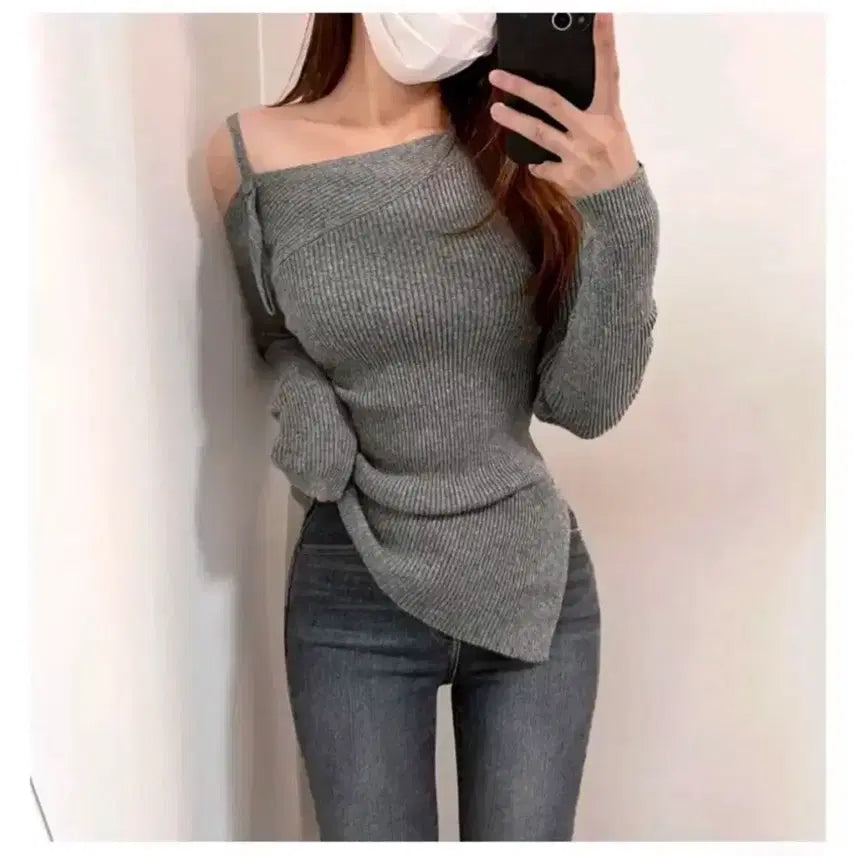 [BUNJANG] Unpal Off-Shoulder Ribbed Long Sleeve Knit Sweater / 언팔 어깨끈 오프숄더 골지 긴팔 니트 그레이