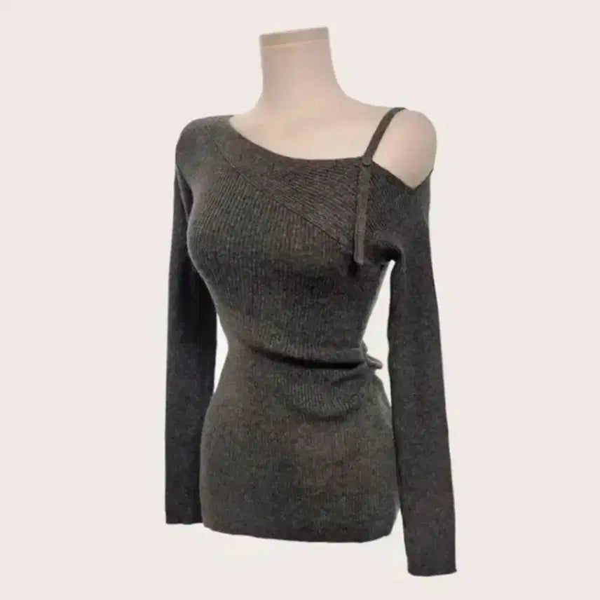 [BUNJANG] Unpal Off-Shoulder Ribbed Long Sleeve Knit Sweater / 언팔 어깨끈 오프숄더 골지 긴팔 니트 그레이