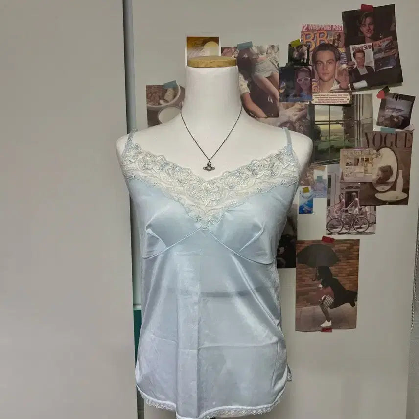[BUNJANG] Vintage Sky Blue Lace Sleeveless Top / 빈티지 하늘 레이스 슬리브리스