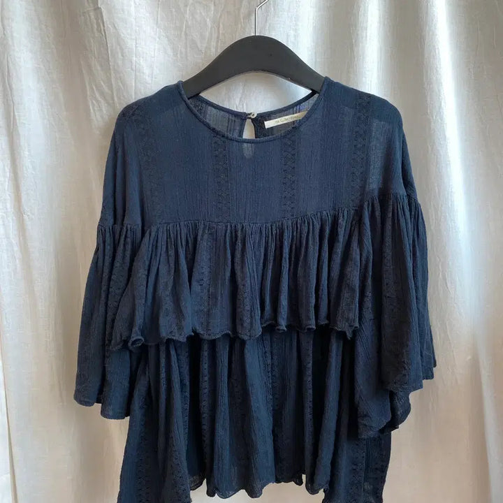 [BUNJANG] Navy Cotton Blend Short Sleeve Blouse (M-L) / 네이비 면혼방 반팔블라우스(M-L)