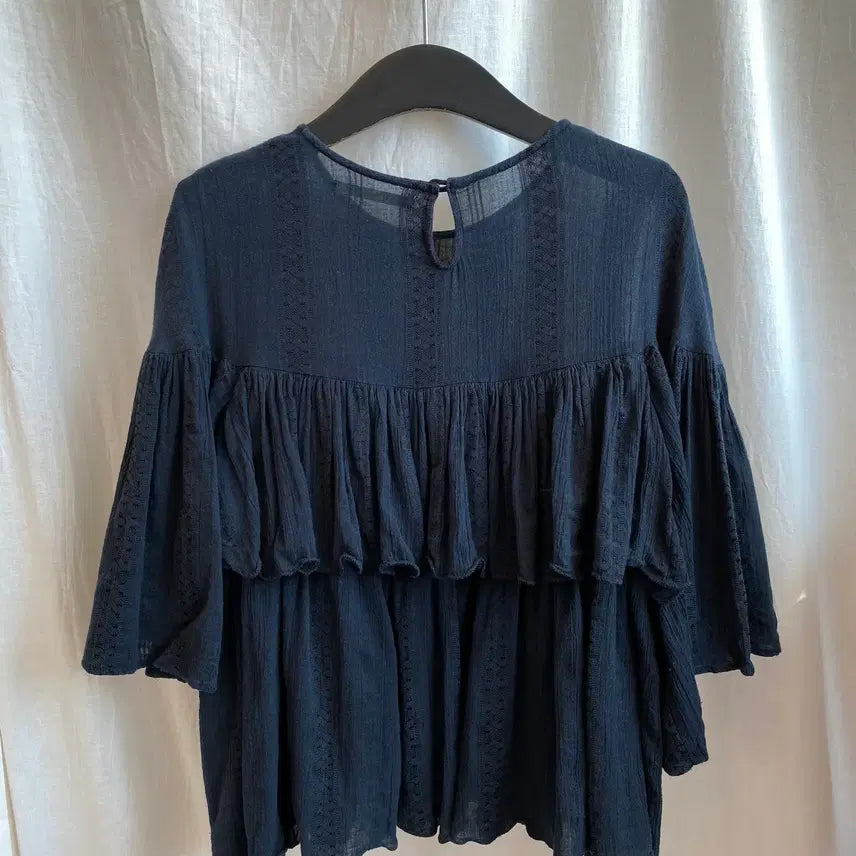 [BUNJANG] Navy Cotton Blend Short Sleeve Blouse (M-L) / 네이비 면혼방 반팔블라우스(M-L)
