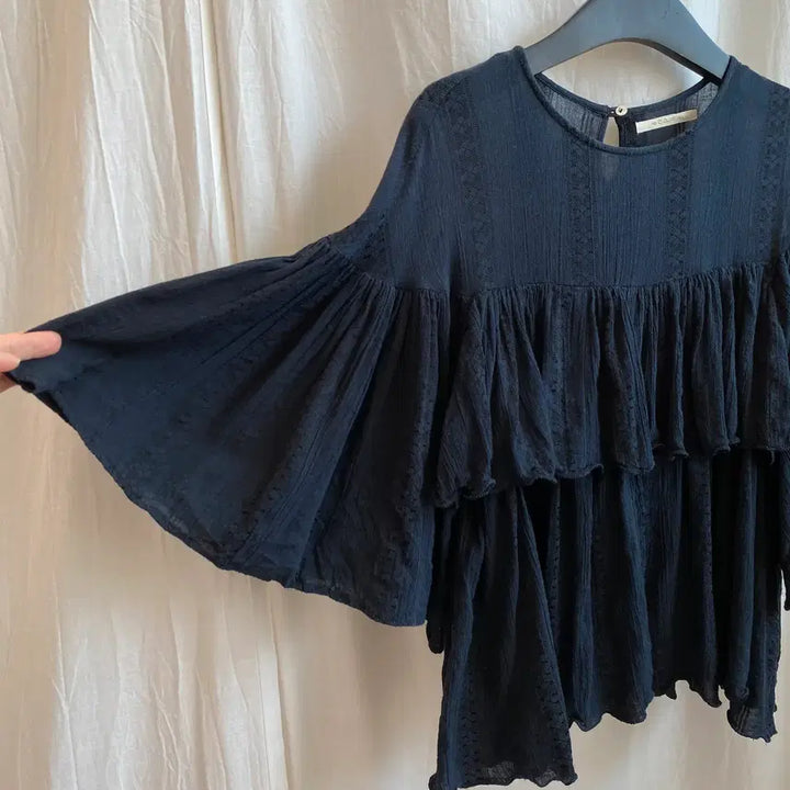 [BUNJANG] Navy Cotton Blend Short Sleeve Blouse (M-L) / 네이비 면혼방 반팔블라우스(M-L)
