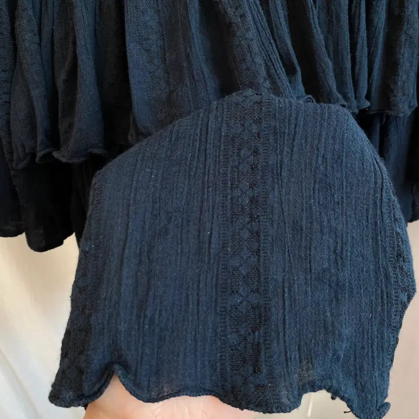 [BUNJANG] Navy Cotton Blend Short Sleeve Blouse (M-L) / 네이비 면혼방 반팔블라우스(M-L)