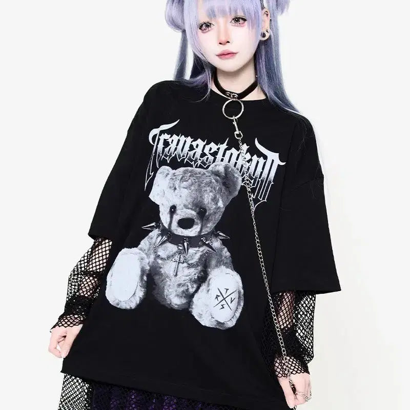 [BUNJANG] Travas Tokyo Layered Bear Print T-shirt / 트라바스 도쿄 메쉬 포함 레이어드 곰 프린트 티셔츠
