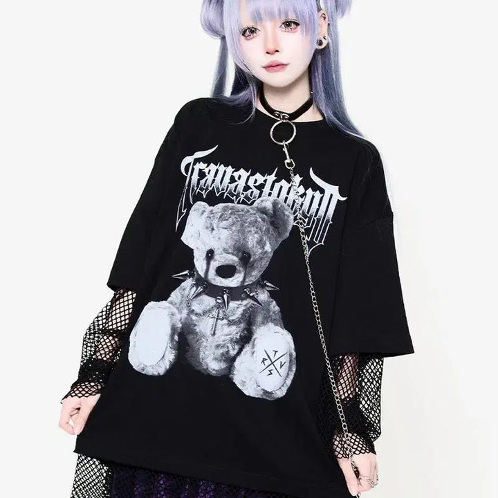 [BUNJANG] Travas Tokyo Layered Bear Print T-shirt / 트라바스 도쿄 메쉬 포함 레이어드 곰 프린트 티셔츠
