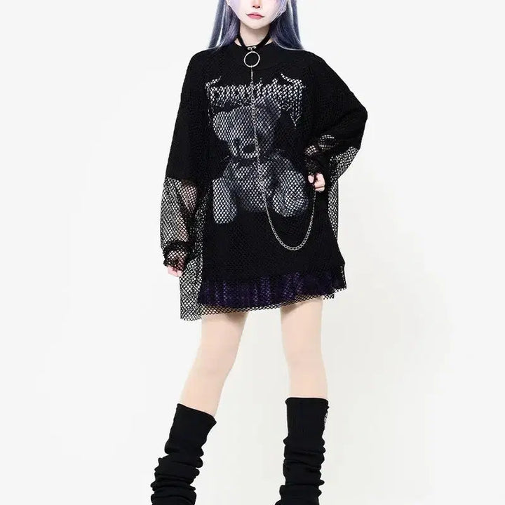 [BUNJANG] Travas Tokyo Layered Bear Print T-shirt / 트라바스 도쿄 메쉬 포함 레이어드 곰 프린트 티셔츠