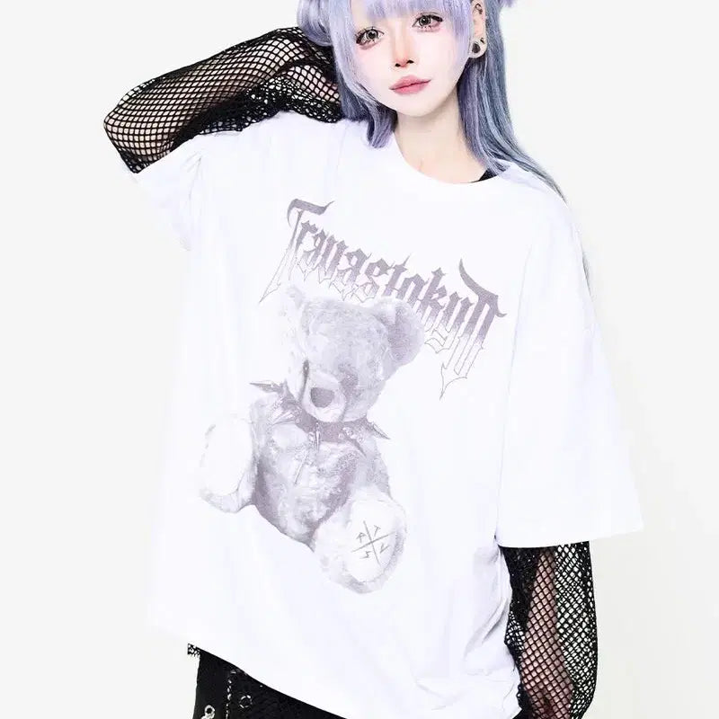 [BUNJANG] Travas Tokyo Layered Bear Print T-shirt / 트라바스 도쿄 메쉬 포함 레이어드 곰 프린트 티셔츠