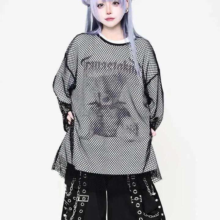 [BUNJANG] Travas Tokyo Layered Bear Print T-shirt / 트라바스 도쿄 메쉬 포함 레이어드 곰 프린트 티셔츠