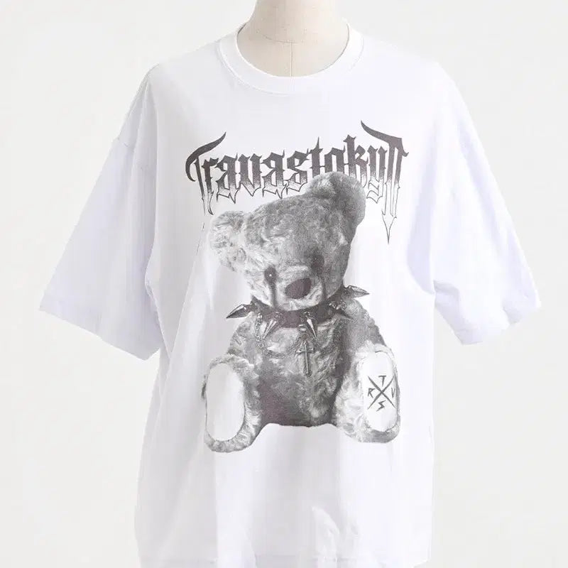 [BUNJANG] Travas Tokyo Layered Bear Print T-shirt / 트라바스 도쿄 메쉬 포함 레이어드 곰 프린트 티셔츠
