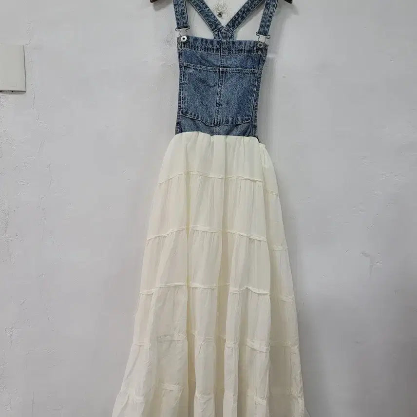 [BUNJANG] Denim Overalls Long Dress Ivory / 데님 멜빵 롱 원피스 아이보리