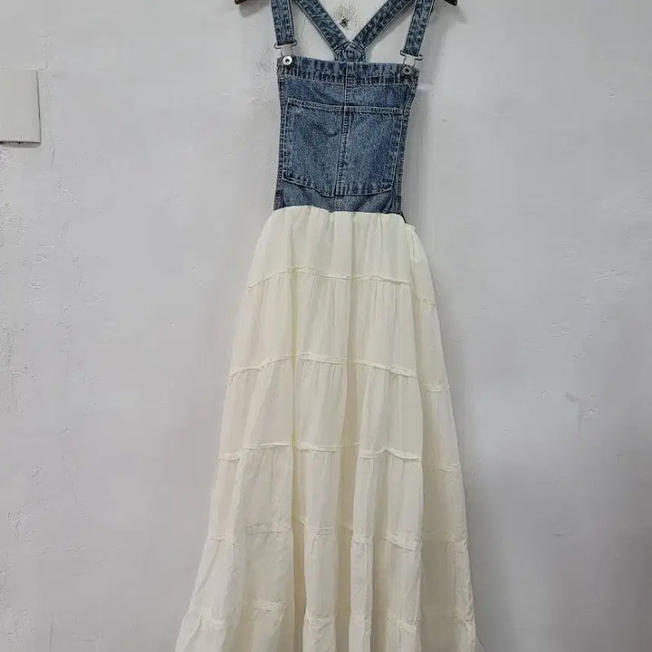 [BUNJANG] Denim Overalls Long Dress Ivory / 데님 멜빵 롱 원피스 아이보리