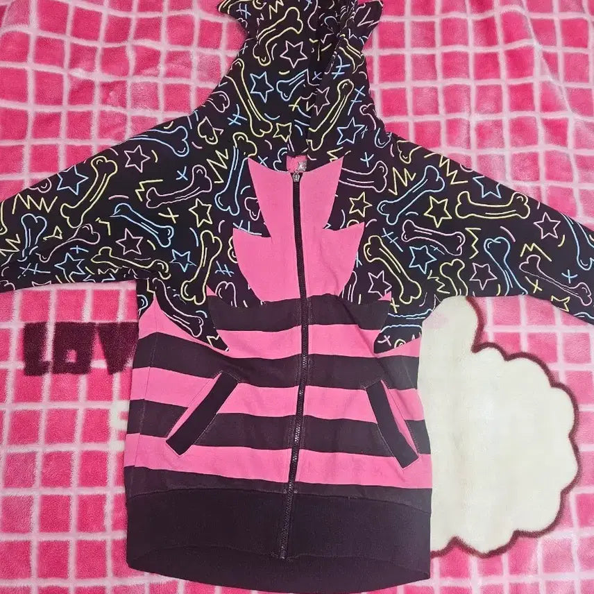 [BUNJANG] JSG Skull &amp; Star Pattern Hooded Zip-up / 해골 &amp; 별 패턴 후드집업 핑크 스트라이프 jsg 씬키드