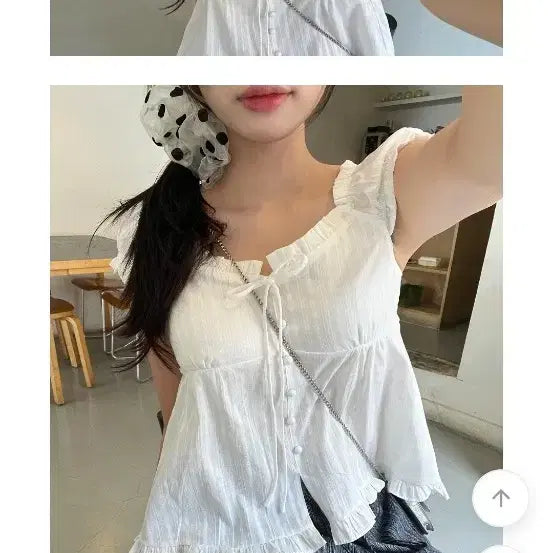 [BUNJANG] Ably Shirring Square Neck Frill Sleeve Short Blouse White / 에이블리 셔링 스퀘어넥 프릴소매 숏블라우스 화이트