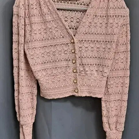 [BUNJANG] Lace See-Through Crop Cardigan Pink / 레이스 시스루 크롭 가디건 핑크