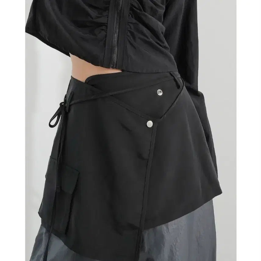 [BUNJANG] Binary One Luxe Strap Layered Wrap Skirt Charcoal / 바이너리원 룩스 스트랩 레이어드 랩스커트 차콜