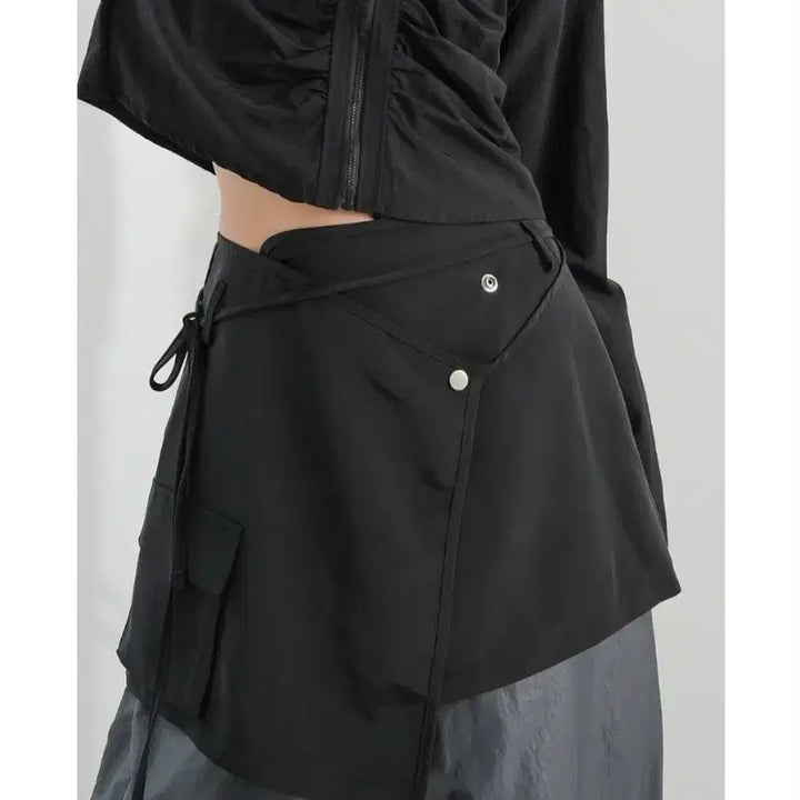 [BUNJANG] Binary One Luxe Strap Layered Wrap Skirt Charcoal / 바이너리원 룩스 스트랩 레이어드 랩스커트 차콜