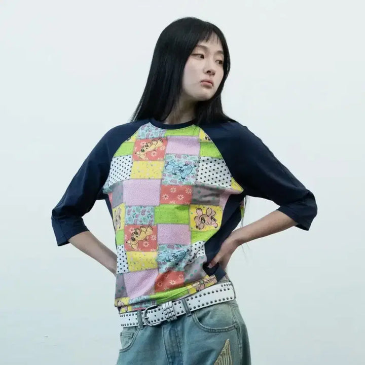 [BUNJANG] Nice Ghost Club Patchwork 3/4 Sleeve T-shirt / 나이스고스트클럽 패치워크 3/4슬리브 7부 티셔츠