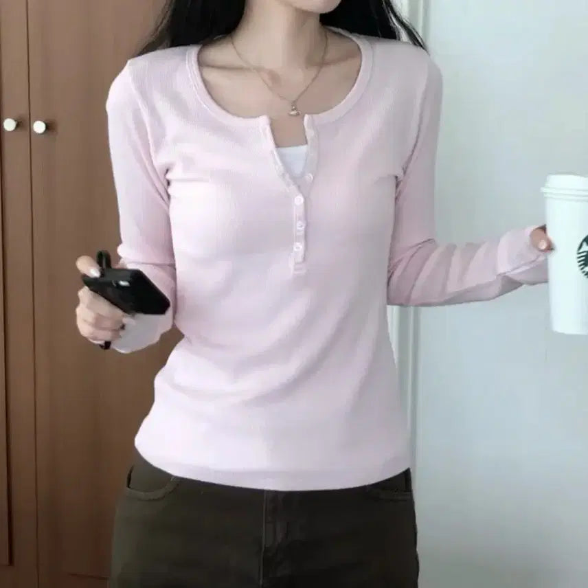 [BUNJANG] Pink Waffle Henley Long Sleeve Shirt / 헨리넥 연핑크 와플 긴팔 티셔츠 슬리브