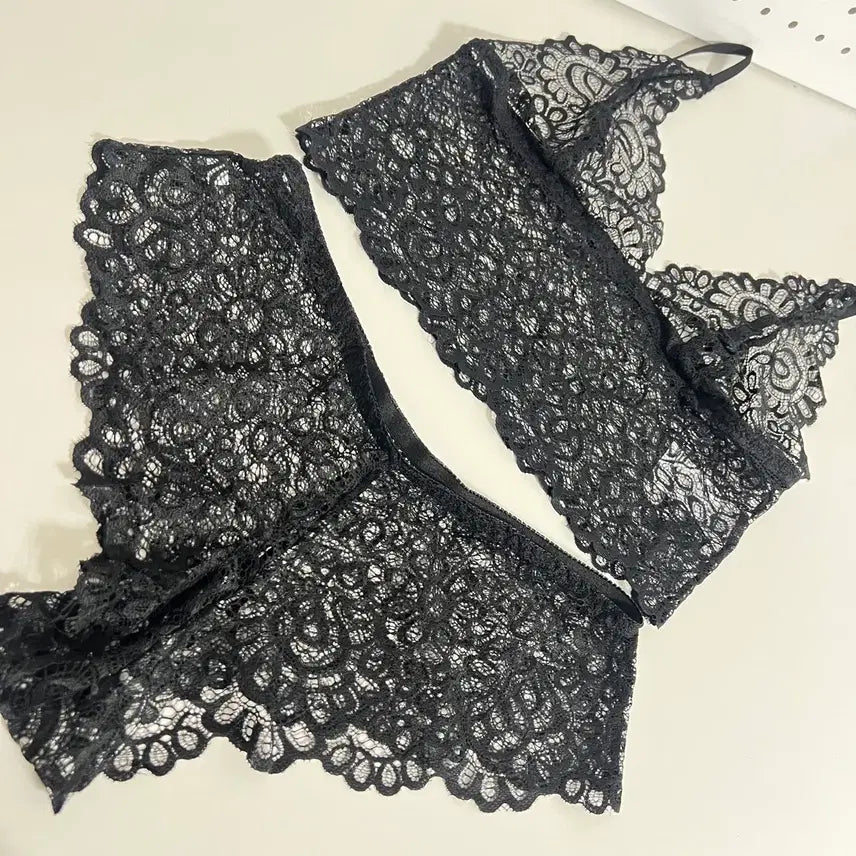 [BUNJANG] Black Lace Bra and Panty Set / (100% 새상품) 블랙 레이스 브라 + 팬티 세트  (S-M)