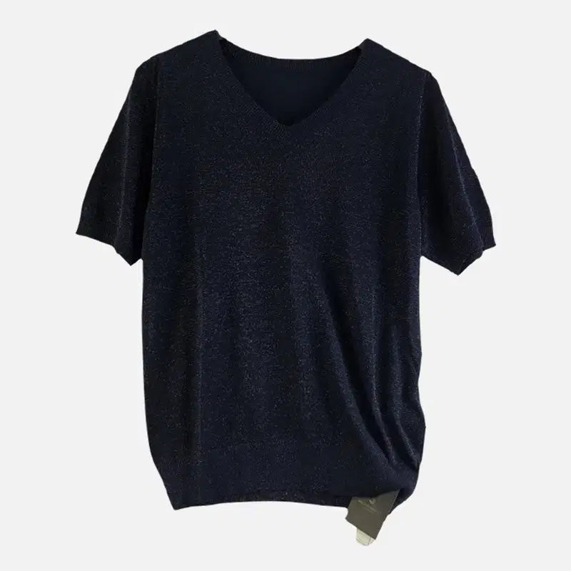 [BUNJANG] Vintage Navy Glitter Short Sleeve Knit Top / 여95 네이비 반짝이 반팔 니트 M6235