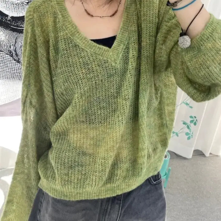 [BUNJANG] V-Neck Green Sheer Knit Top / 브이넥 시스루 니트 그린